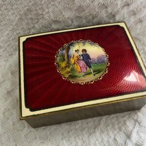 Vintage Trinket Box / Brass box lined with Teak Wood and Ceramic top